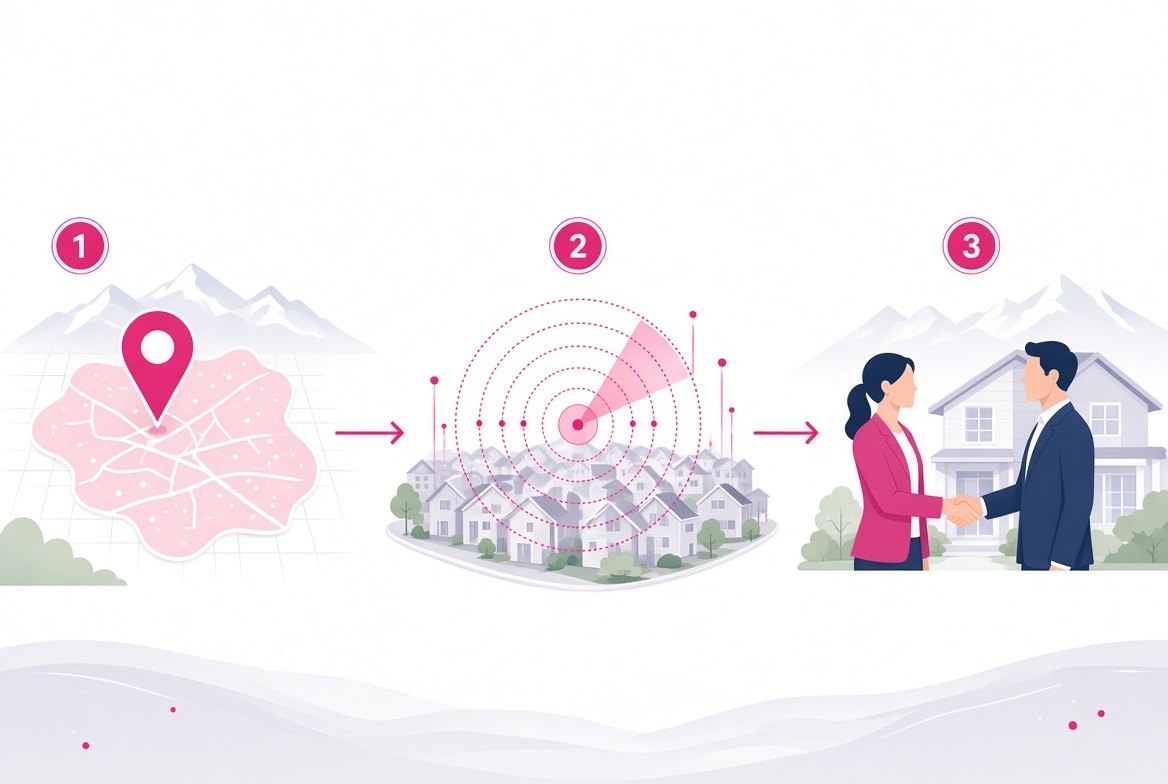 How TimeToSell works: claim a territory, TimeToSell discovers opportunities, you advise homeowners