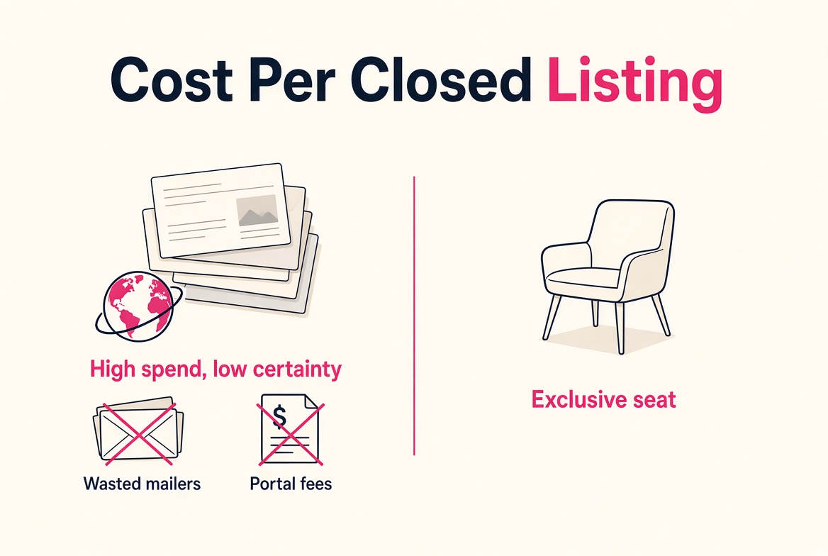 Cost per closed listing: wasted mailers and portal fees versus an exclusive farm seat from $99