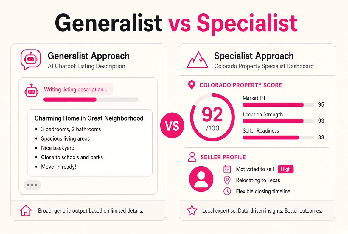 Generalist chatbot writing copy versus a specialist Colorado seller-probability dashboard