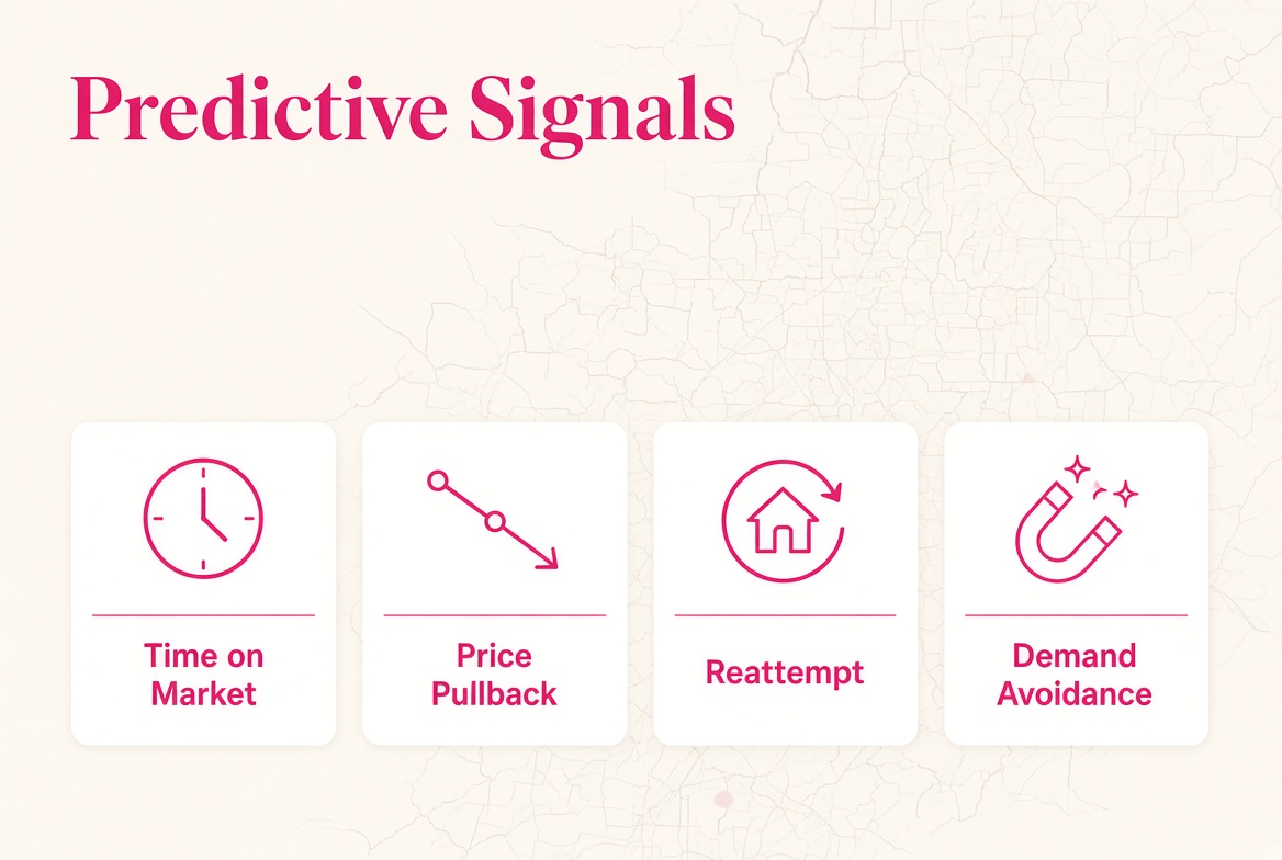 Listing-stress signals: time on market, price pullback, reattempt, demand avoidance