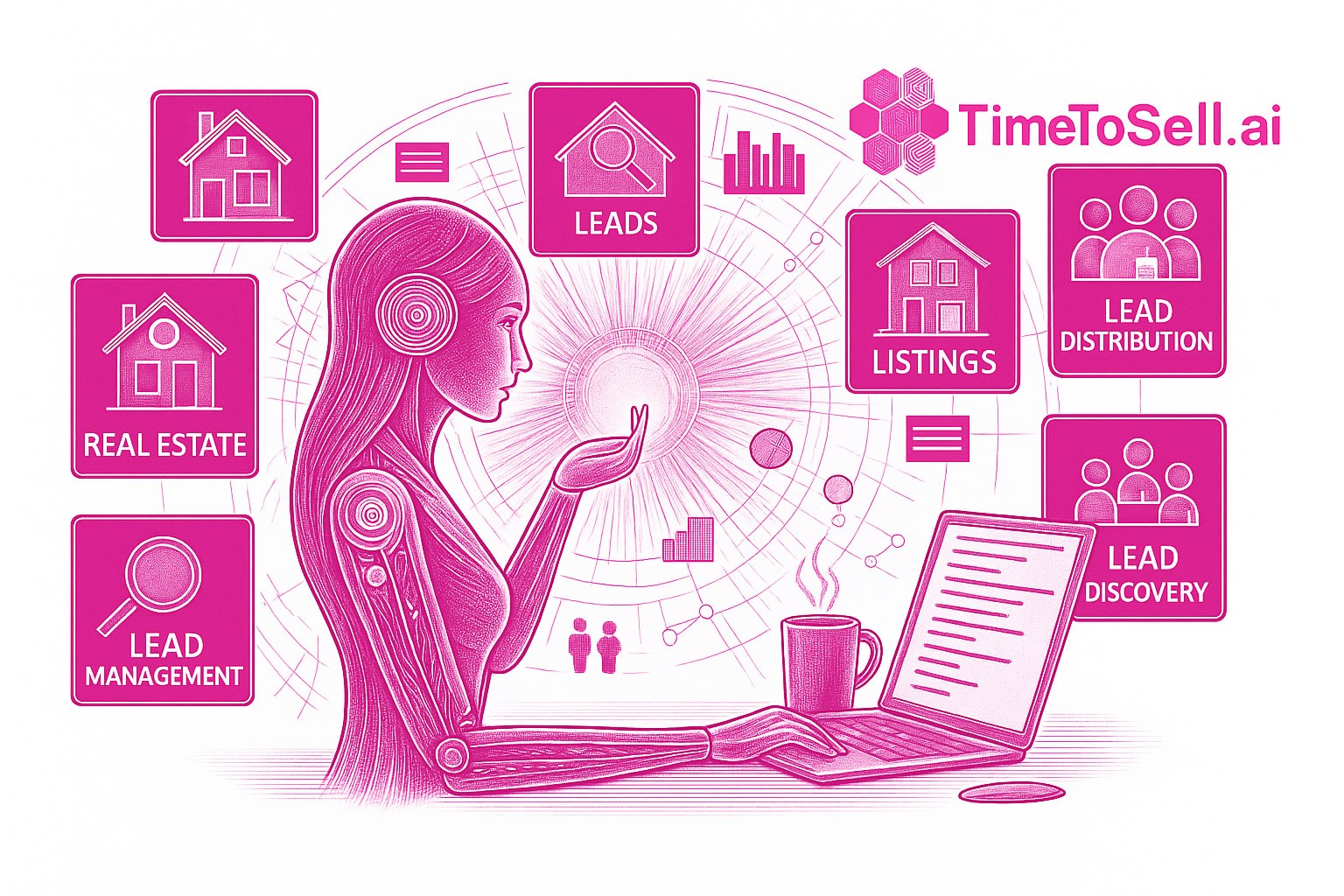Illustration of the TimeToSell.ai intelligence engine processing real estate data for lead discovery and distribution.