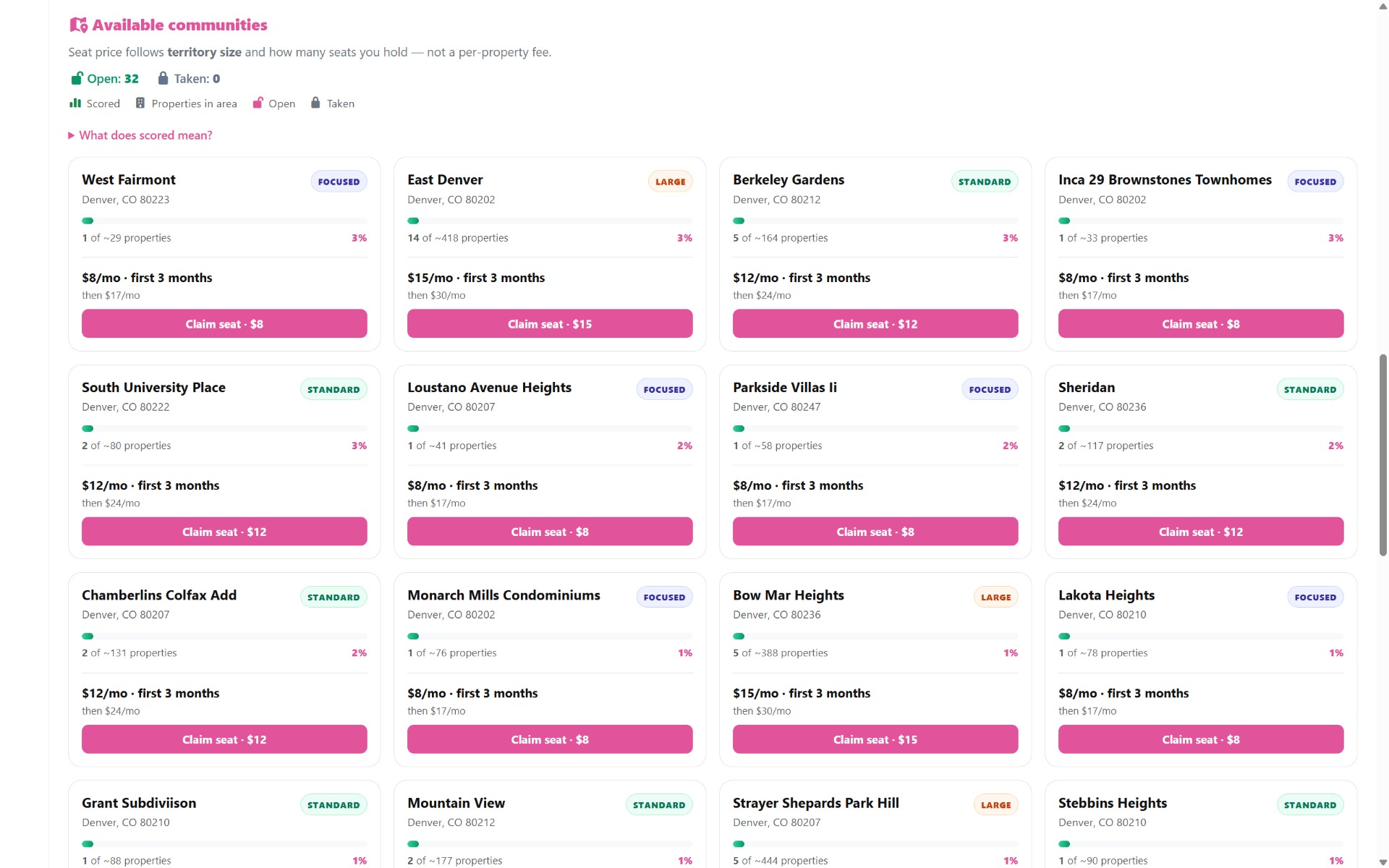 Available communities with Claim seat pricing on TimeToSell