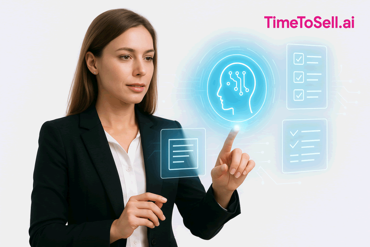 A professional woman interacting with a futuristic AI interface, representing a proactive AI agent.