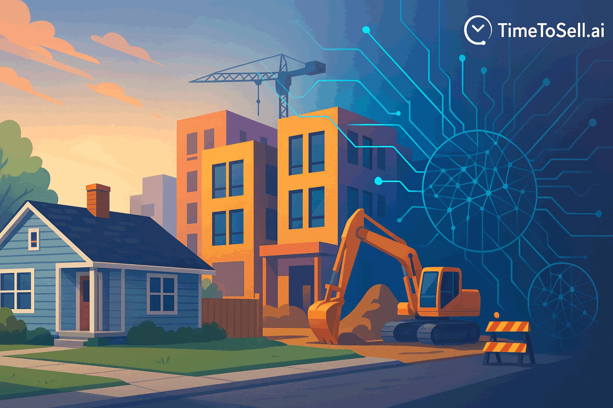A quiet suburban street with a new, large duplex being constructed.